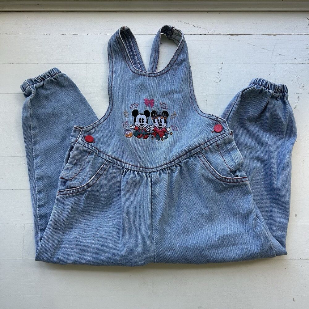 VTG Baby Mickey & Co Disney Minnie Mickey Embroidered Denim Overalls Size 3T